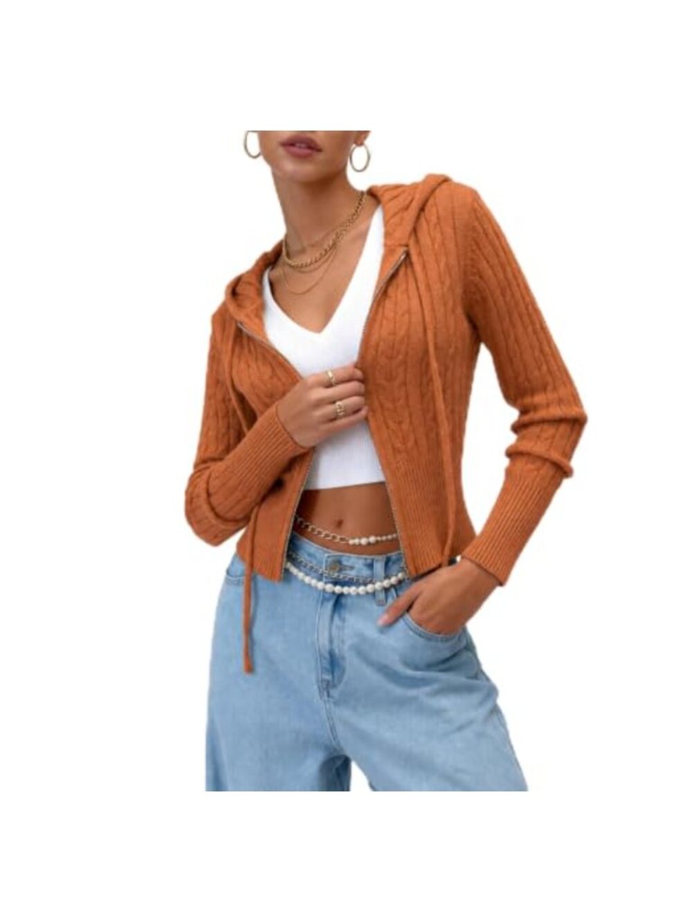 Cable Knit Zip Up Hoodie Crop Cardigan Long Sleeve Hooded Sweater